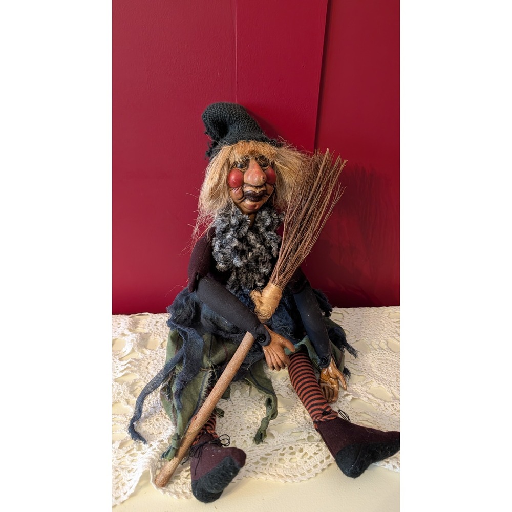 Vintage Primitive Folk Art Witch Shelf Sitter Doll w/ Broom Halloween Decor 20"